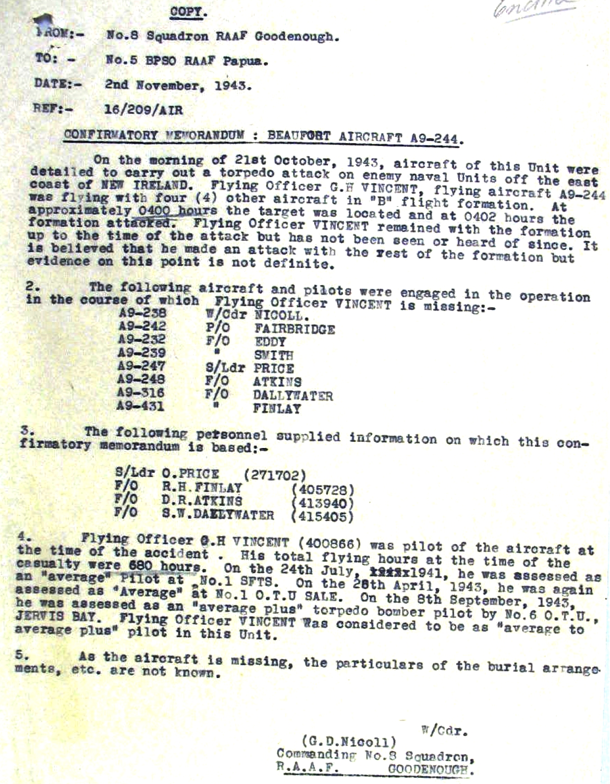 Wing Commander Nicoll – account of loss of A9-244